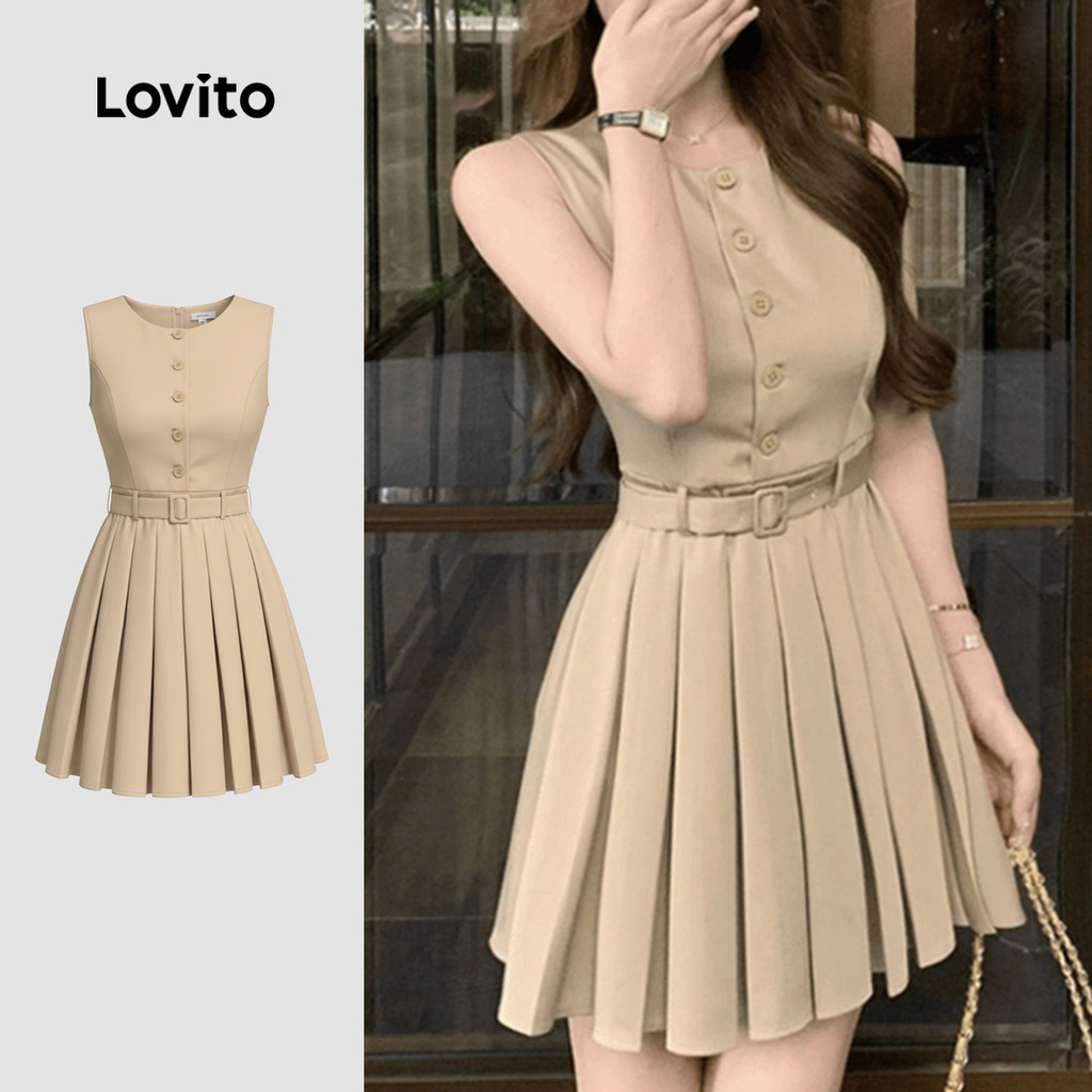(Casual) Lovito Vestido plissado botão estrutura linha primavera/verão vestido cáqui para mulheres LK3ED921