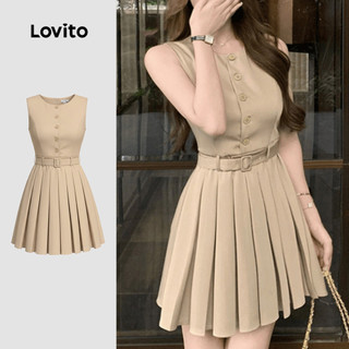 (Casual) Lovito Vestido plissado botão estrutura linha primavera/verão vestido cáqui para mulheres LK3ED921