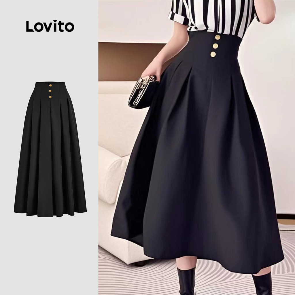 Lovito Saias Pretas Elegantes Com Zíper E Botão Liso Primavera/Verão Para Mulheres L134ED115 em Oferta na Shopee