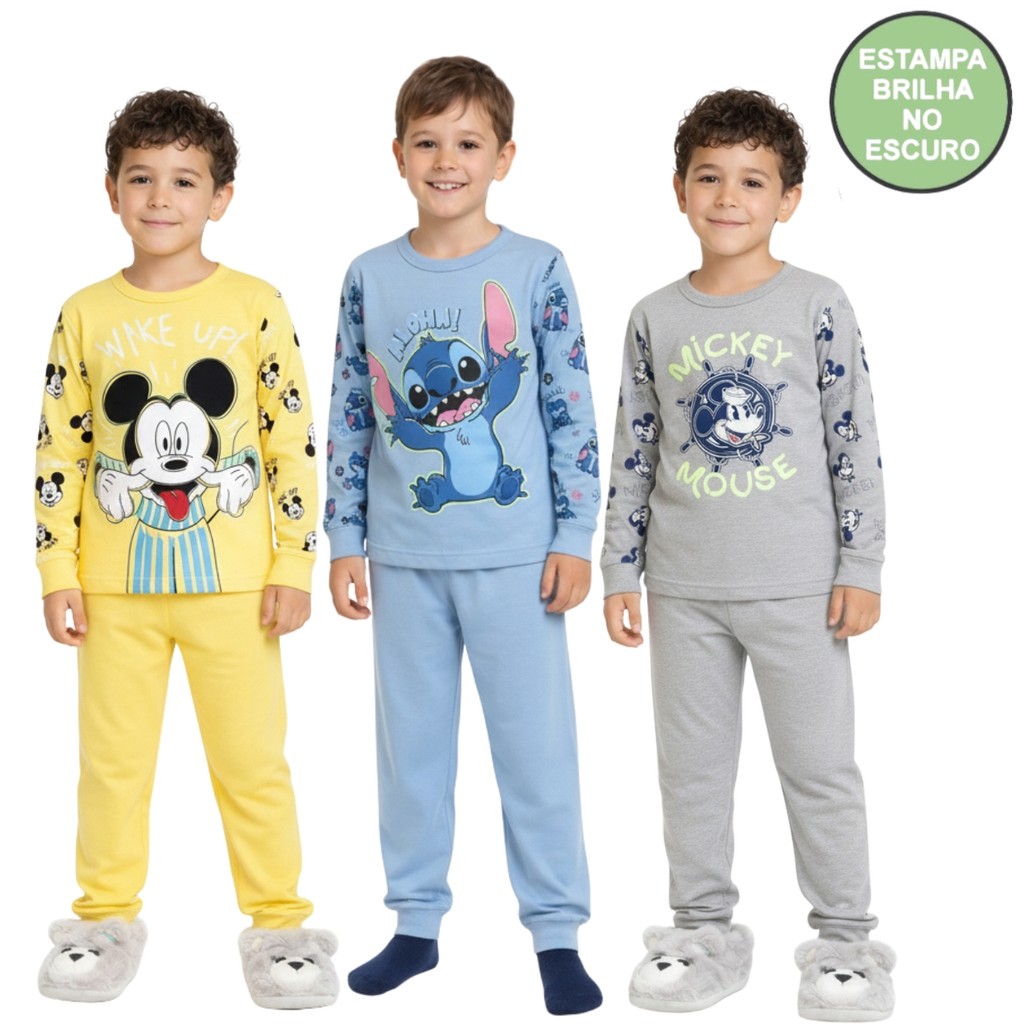 Conjunto Pijama Brilha no Escuro Personagens Manga Longa Menino Infantil Mickey Homem Aran...