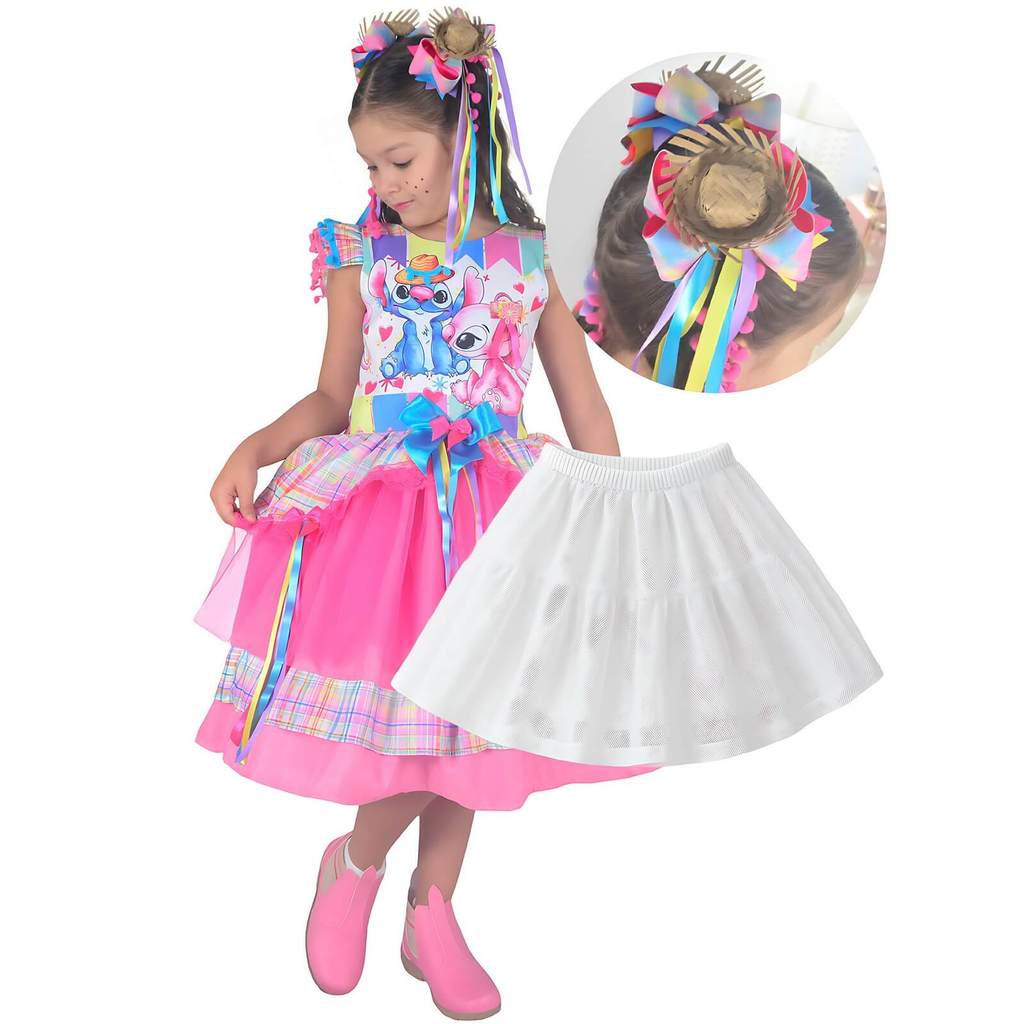 Vestido Festa Junina Stitch e Angel Rosa + Saia Tutu + 2 Laços Cabelo