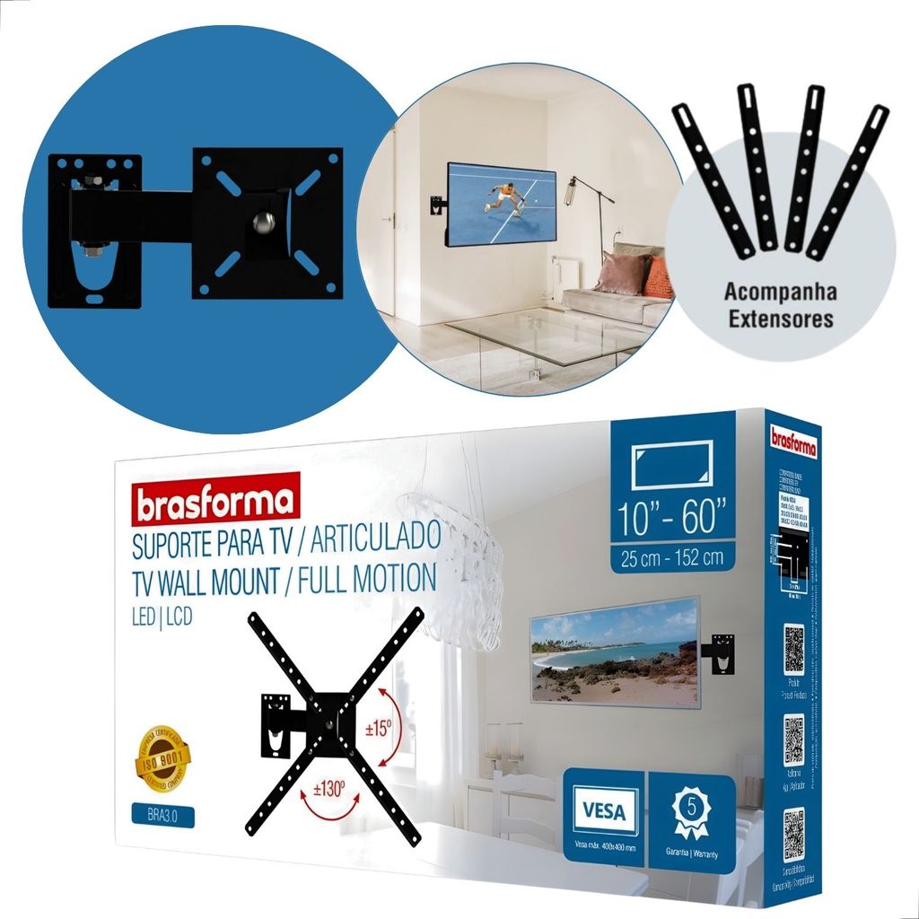 Suporte De Tv Led Lcd Articulado 10" a 60'' Polegadas 30Kg Preto em Oferta na Shopee