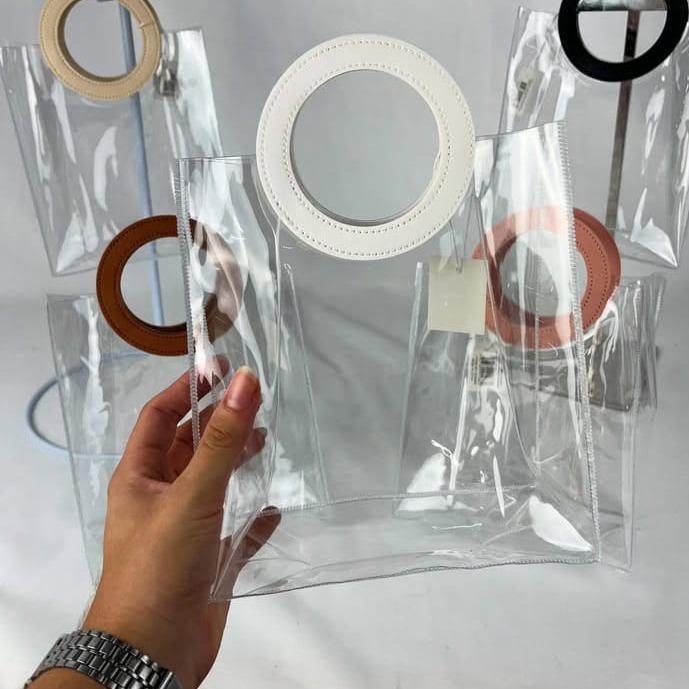 Kit 5 a 10 Bolsas Sacolas PVC Transparente Alça Redonda De Couro Lembrancinha