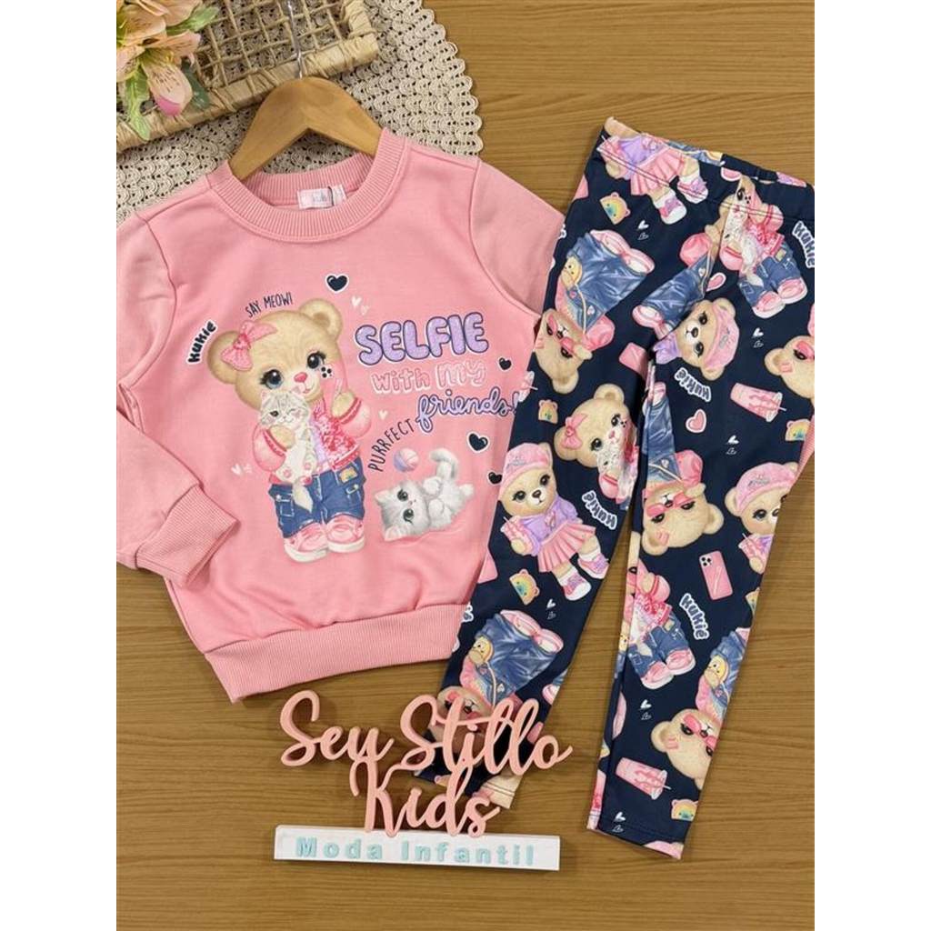 Conjunto Infantil Kukiê Inverno com Calça Legging Azul e Moletom Flanelado Ursinha Selfie
