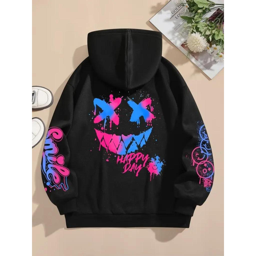 Blusa Casaco Moletom Frio Canguru Bolso Capuz Streetwear Casual feminino Unissex Estampa Happy Day Colorido Sorriso Sad