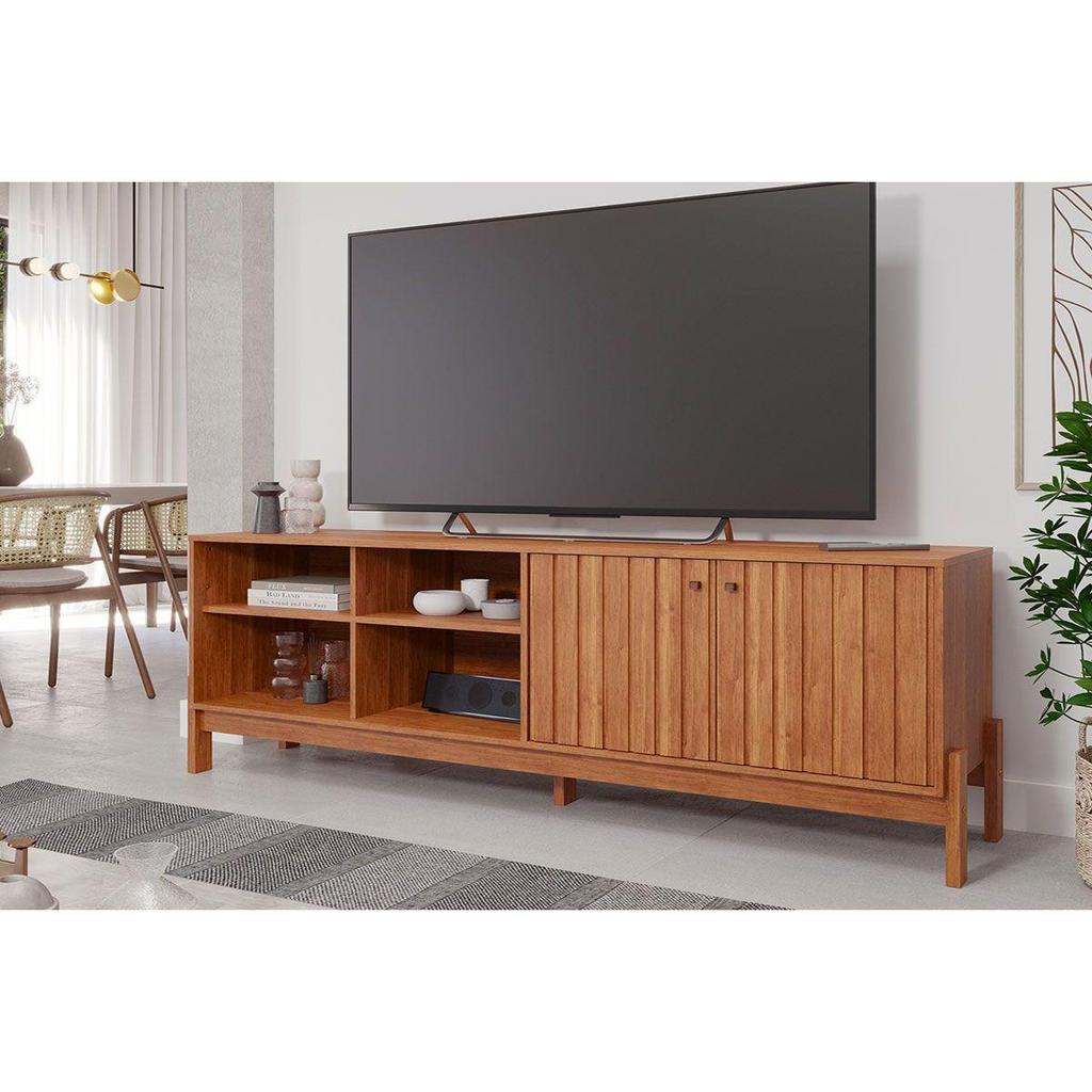 Rack Bancada p/ TV até 60 Pol Holanda 1.8 Ripado c/ 2 Porta e 4 Nichos 185cm Cinamomo - Permóbili em Oferta na Shopee