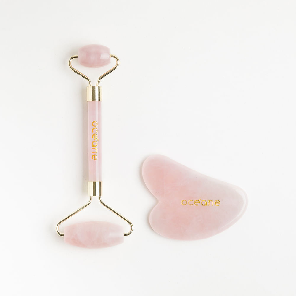 Kit de Massagem Facial de Quartzo Rosa - Quartz Roller & Gua Sha Set em Oferta na Shopee