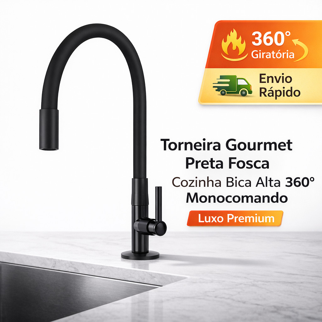 Torneira  Flexível Tubo Preto Bancada Cozinha Acabamento Premium Flexível 360 Fácil Instalação em Oferta na Shopee