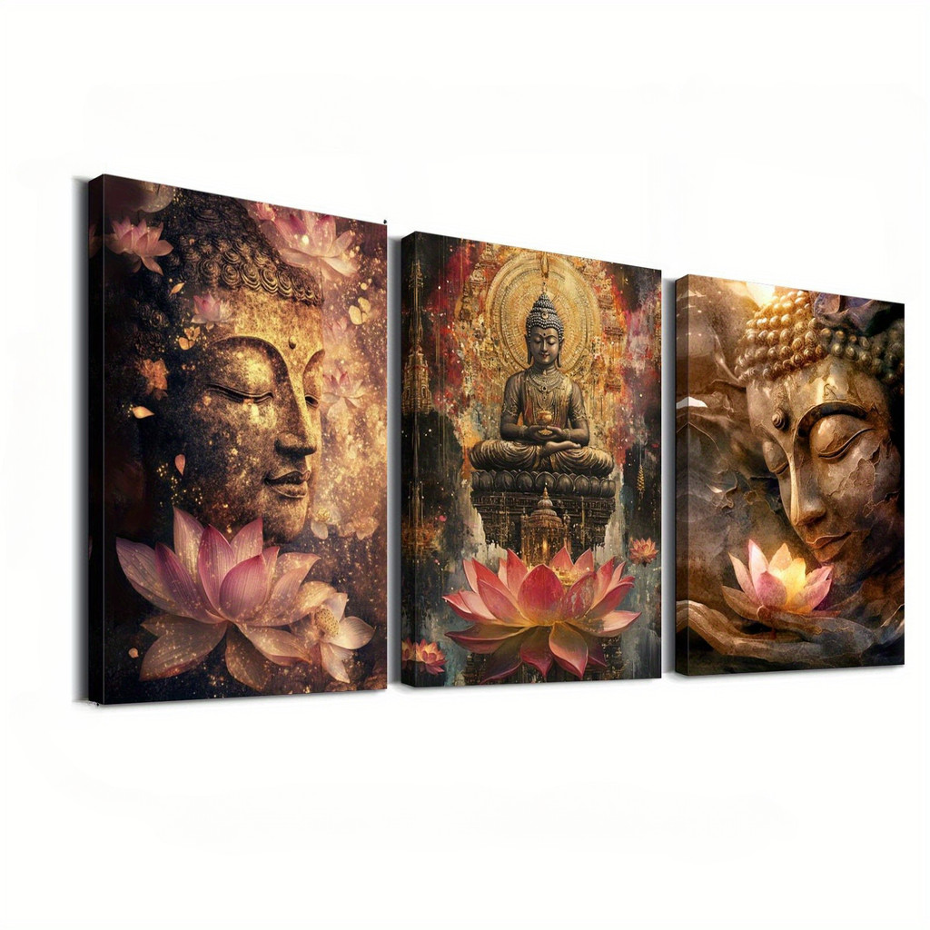 Imagem 3 quadros decorativos buda estátua flor lótus 8k quarto sala hall escritório 120x60cm