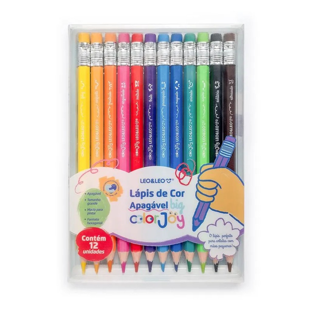 Lápis de Cor Apagável Big Color Joy caixa c/ 12 cores sextavado Leo&Leo Leonora - 10344