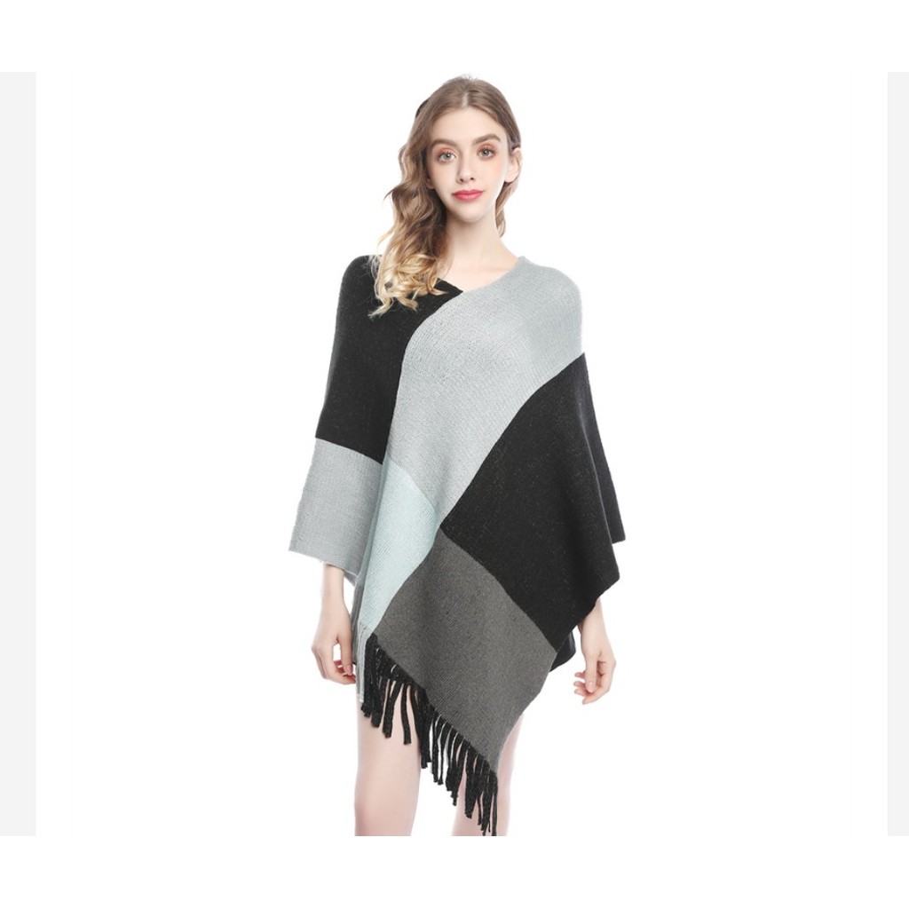 Poncho Feminino Inverno Blusa De Frio Tricot Bico Franjas