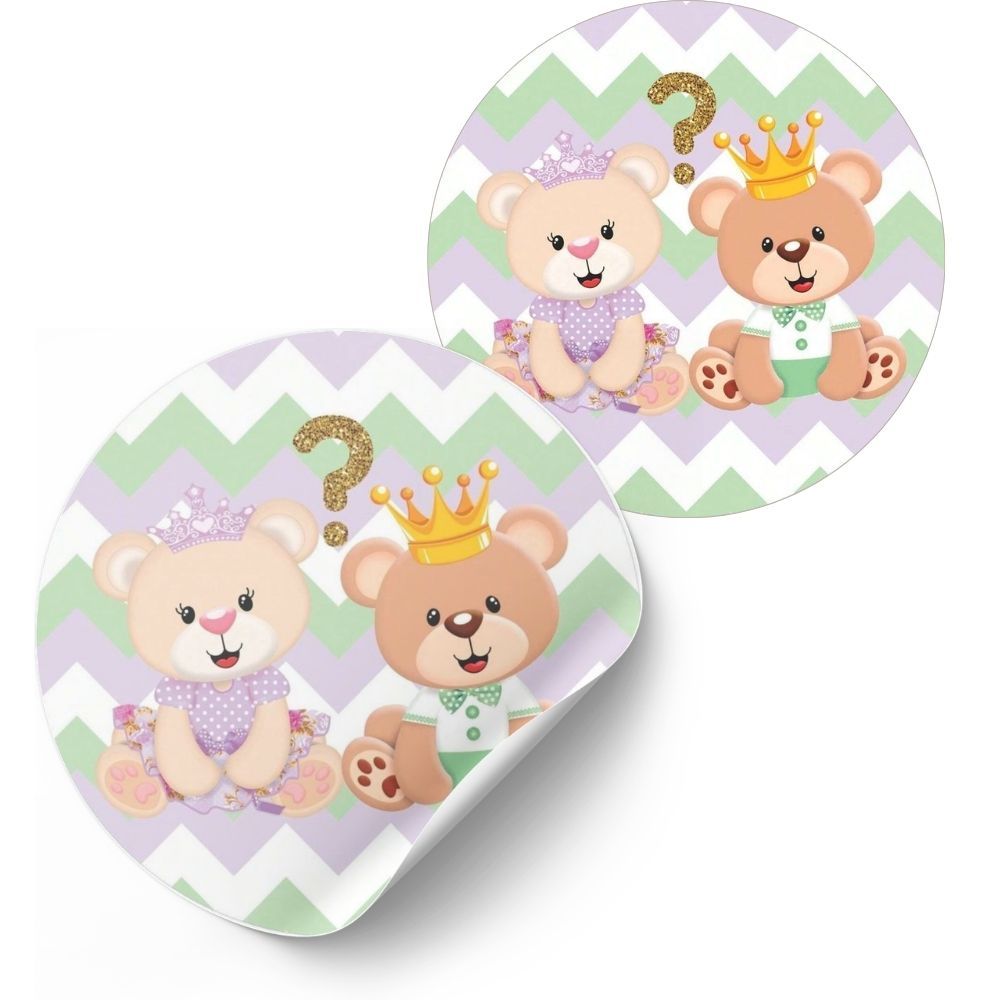 Adesivo Redondo 4cm chá revelação ursinho verde e lilás decoração de Lembrancinha Festa Infantil  Papelaria Temática 1
