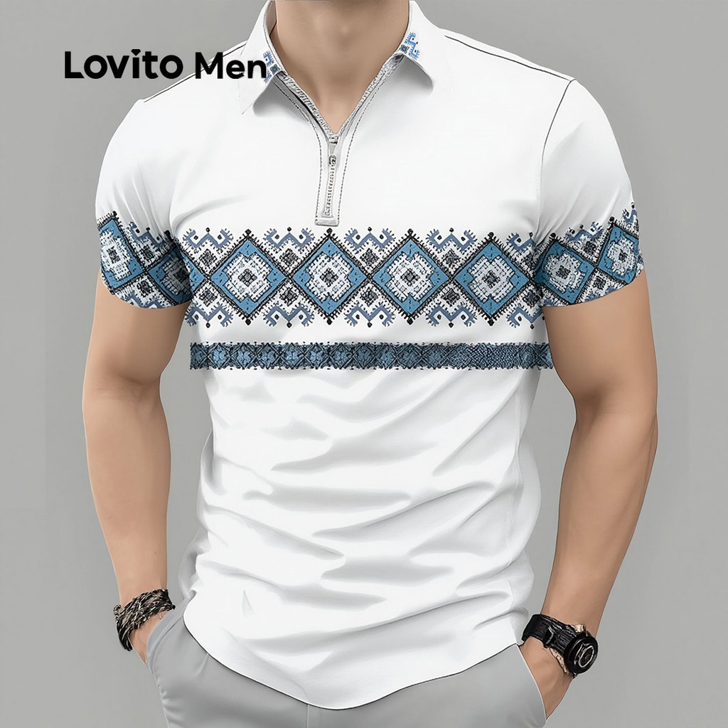 Lovito Men Camisa Polo Casual com Zíper para Primavera/verão para Homens LNE118084
