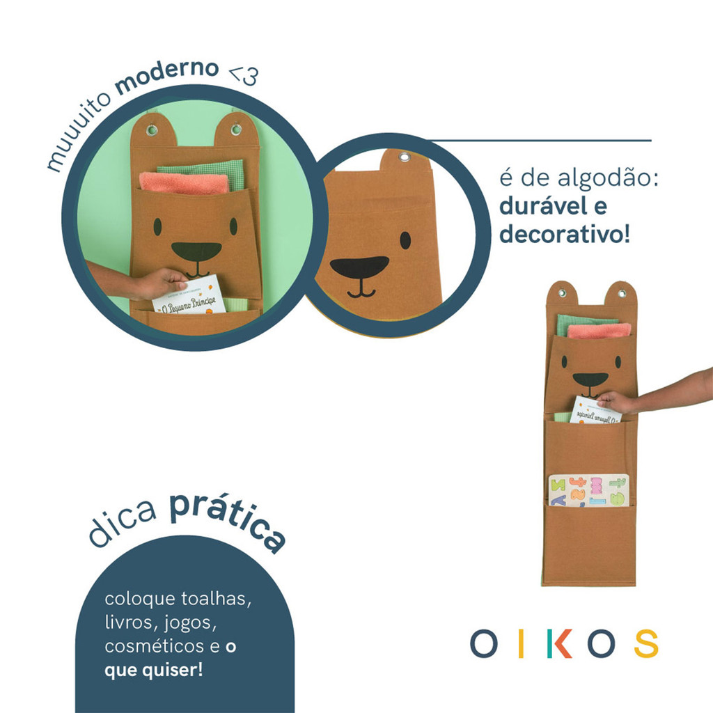 Cesto infantil de parede com 3 bolsos de algodão urso - Oikos — imagem 2 de 2