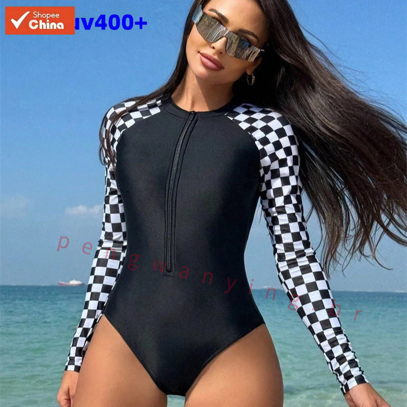 Maiô feminino triangular de uma peça, preto e branco, xadrez, manga longa, proteção solar, anti-UV, roupa de praia O7HC
