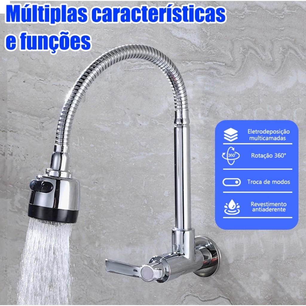 Inox Prata Torneira Gourmet Cozinha Parede Chuveiro Com Rotação De 360° Cozinha Top Luxo Parede
