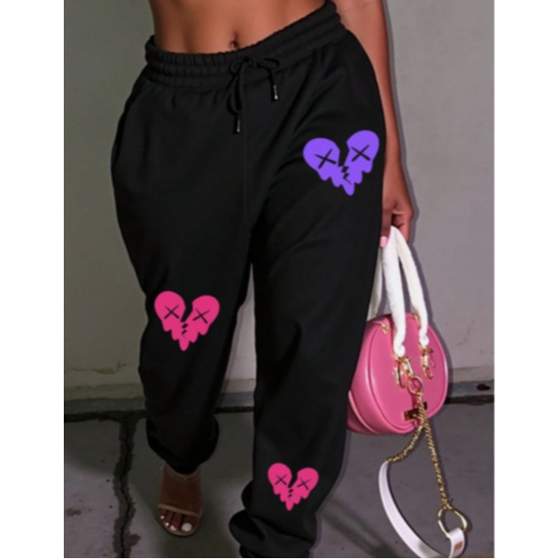 Calça Moletom Flanelado Feminino Streetwear Estampado Coração Bad Quebrado Estilo De Rua Confortavel Inverno