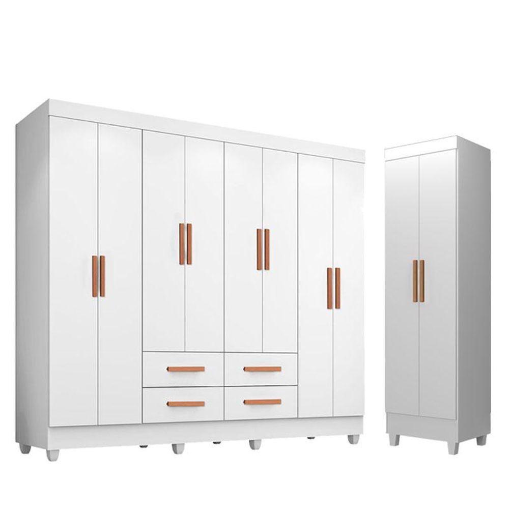 Guarda Roupa Casal Porto 8 Portas E Armário Multiuso Lite Branco Brilho - Móveis Leão