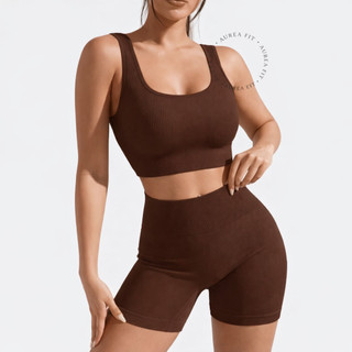 Conjunto Fitness Feminino Short Canelado Sem Costura com Top Bojo Removível Costas Nadado…