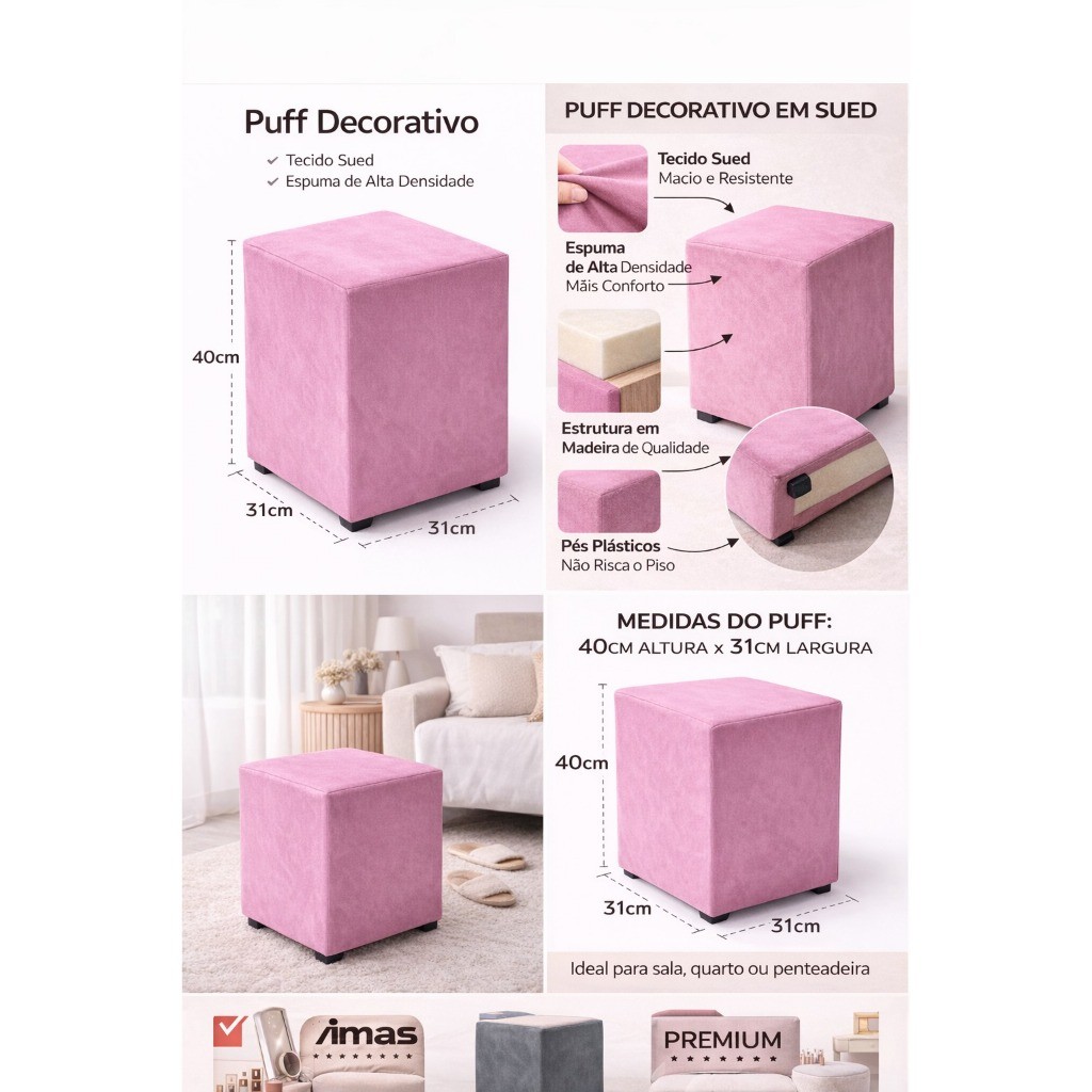 Puf Puff Pufe Cubo Design Sofisticado e Conforto Duradouro, Resistente até 100kg