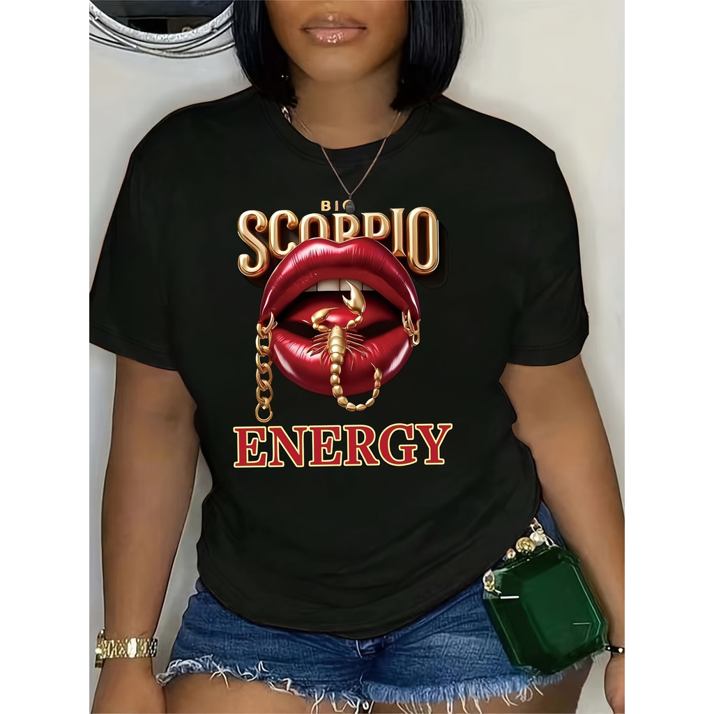 Camiseta Feminina Estampa Escorpião Labios Casual Confortável Estilosa Moderna Primavera Verão
