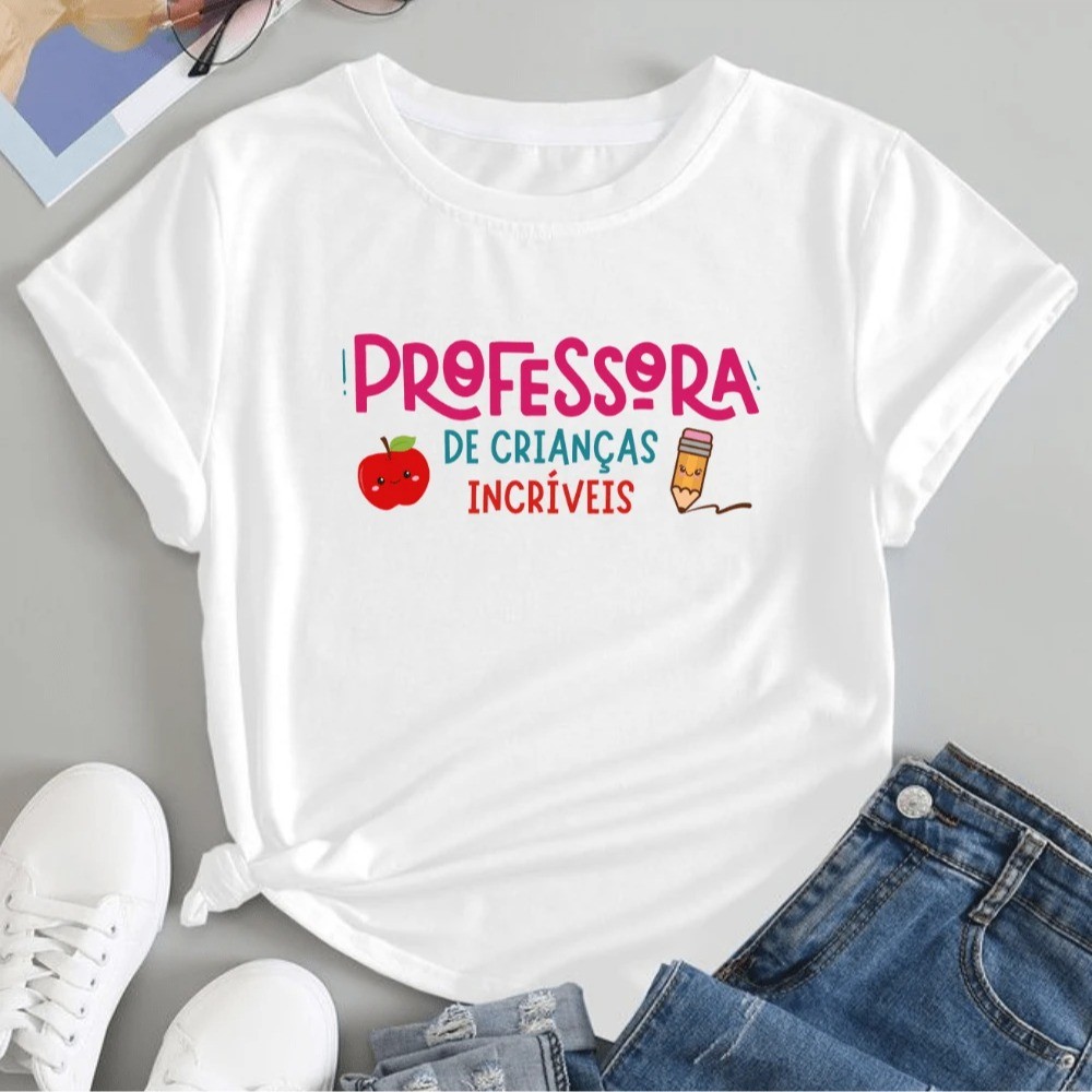 Camiseta Professora Infantil Feminina Estampa Educação Camisa Algodão Confortável Presente Professora