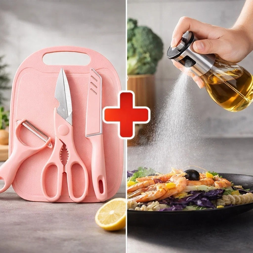 Kit Utensílios de Cozinha 4 Peças + Galheteiro Vidro Spray 200ml Azeite Óleo Temperos Achadinhos