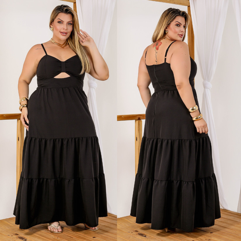 Vestido Feminino Plus Size Alcinha Decote com Franzido Fechamento em Zíper Babado Três Marias
