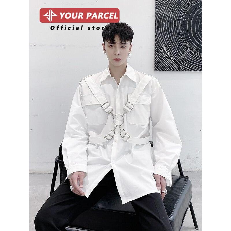 Camisa de rua frita masculina moda Metal atado Design masculino wear street wear bonito masculino solto camisa de manga 