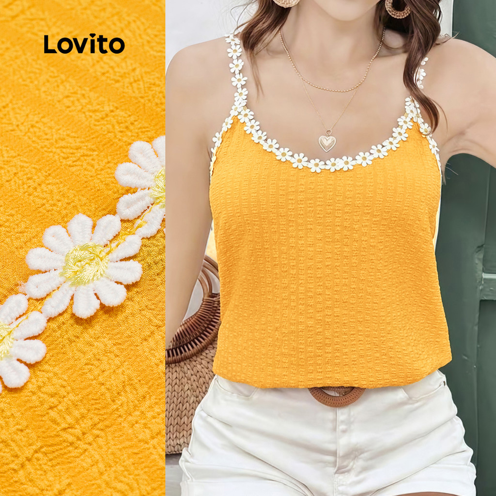 Lovito Férias Top Floral Gola Contrastante Apliques Tecido Opaco Primavera/verão