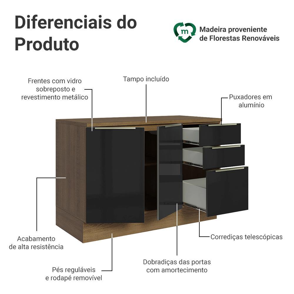 Balcão de Cozinha 120 cm 2 Portas 3 Gavetas Rustic/Preto Lux Madesa — imagem 2 de 2