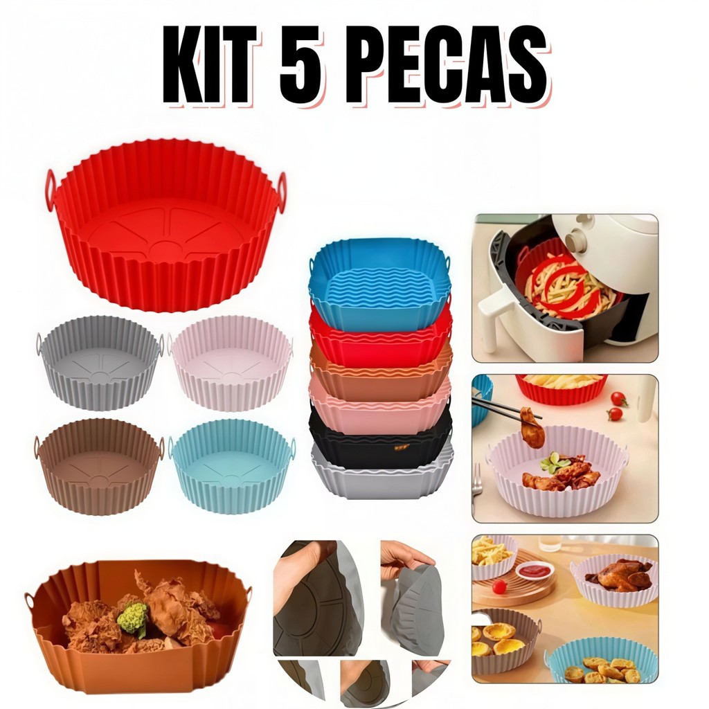 Kit 1/2/3/4/5 Formas de Silicone Reutilizável para Air Fryer, Antiaderente e Compatível com Forno e Micro-ondas