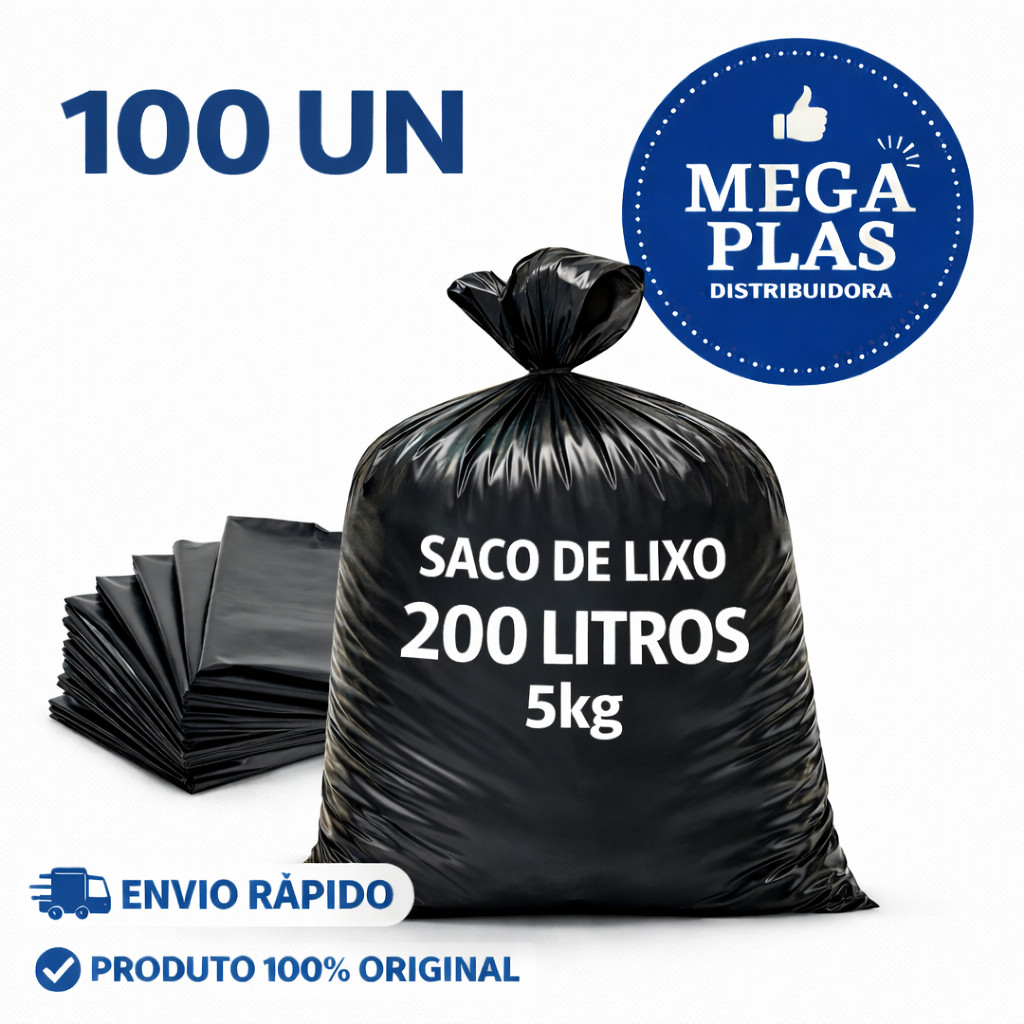 Saco para Lixo Preto Premium 200 Litros Reforçado 5kg Pacote com 100 Unidades Alta Resistência