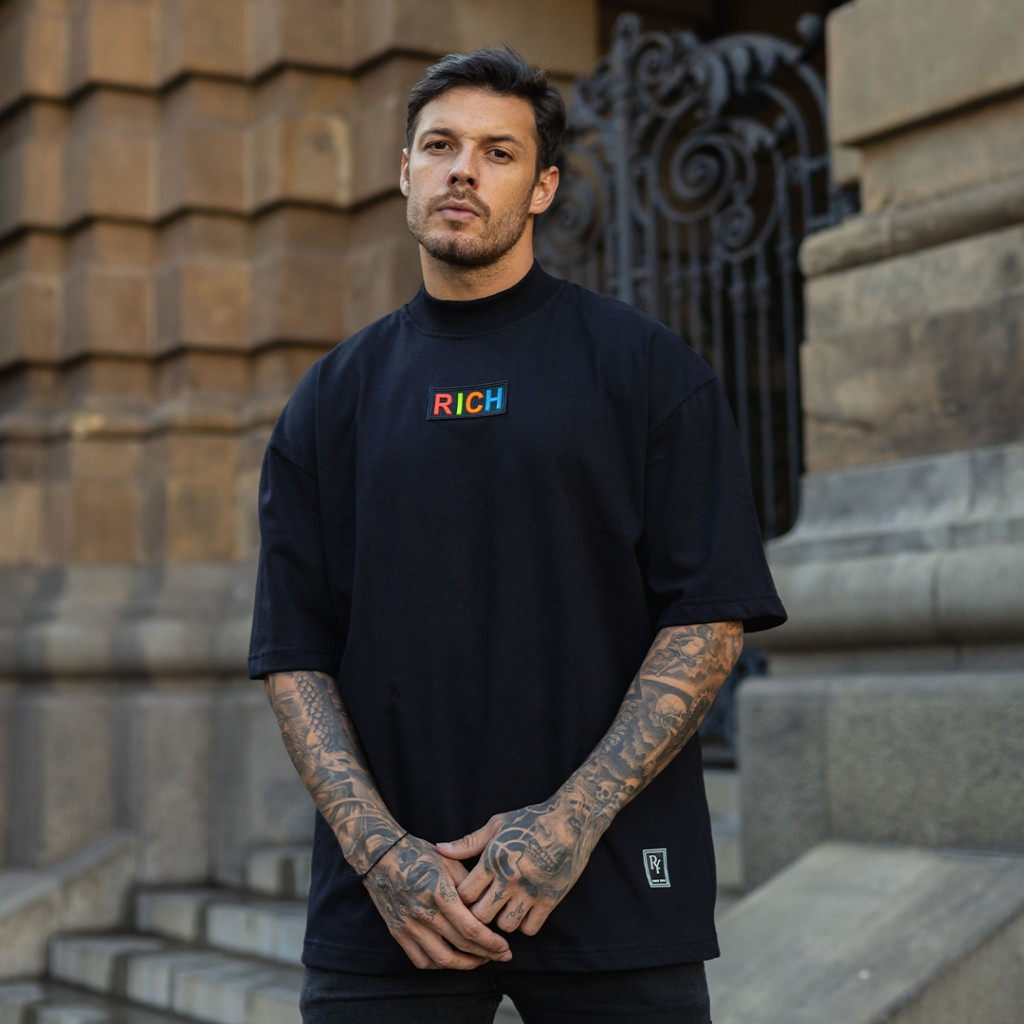 [Camiseta Vintage Masculina Algodão]HYP Camiseta Oversized Gola Alta Borracha Colorida Streetwear Masculina Unissex
