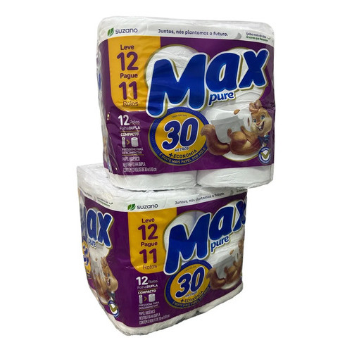 2 Pct Papel Higiênico Folha Dupla Max Pure 30m Com 12 Rolos