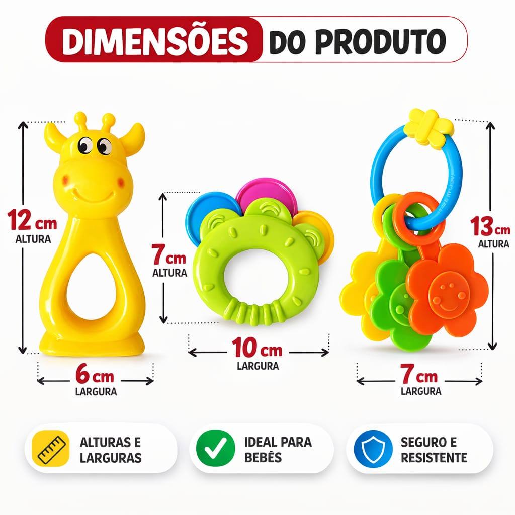 Kit Brinquedo para Bebê Mordedor + Chocalho Sensorial Seguro e Resistente