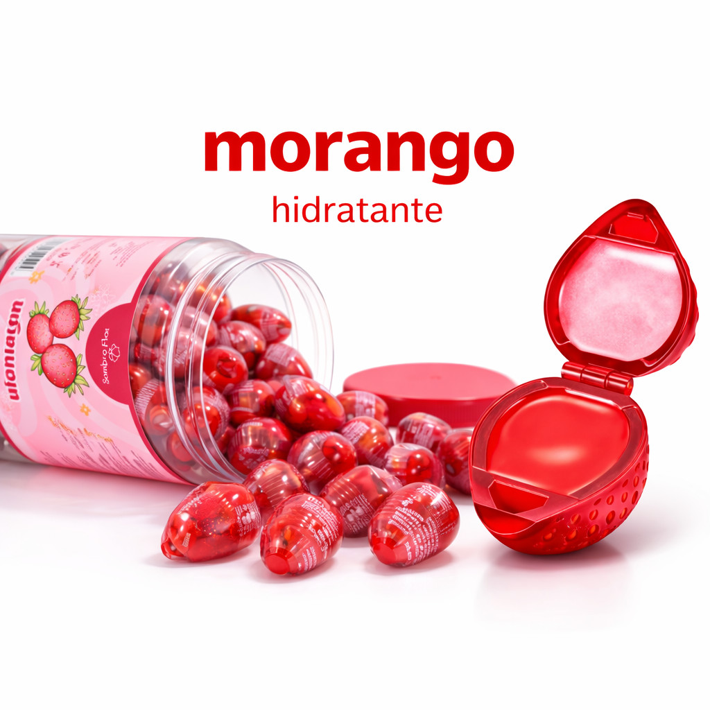 Kit 50 Unidades SOMBRA FLOR Brilho Labial Morango Cremoso - Hidratante Infantil e Adulto
