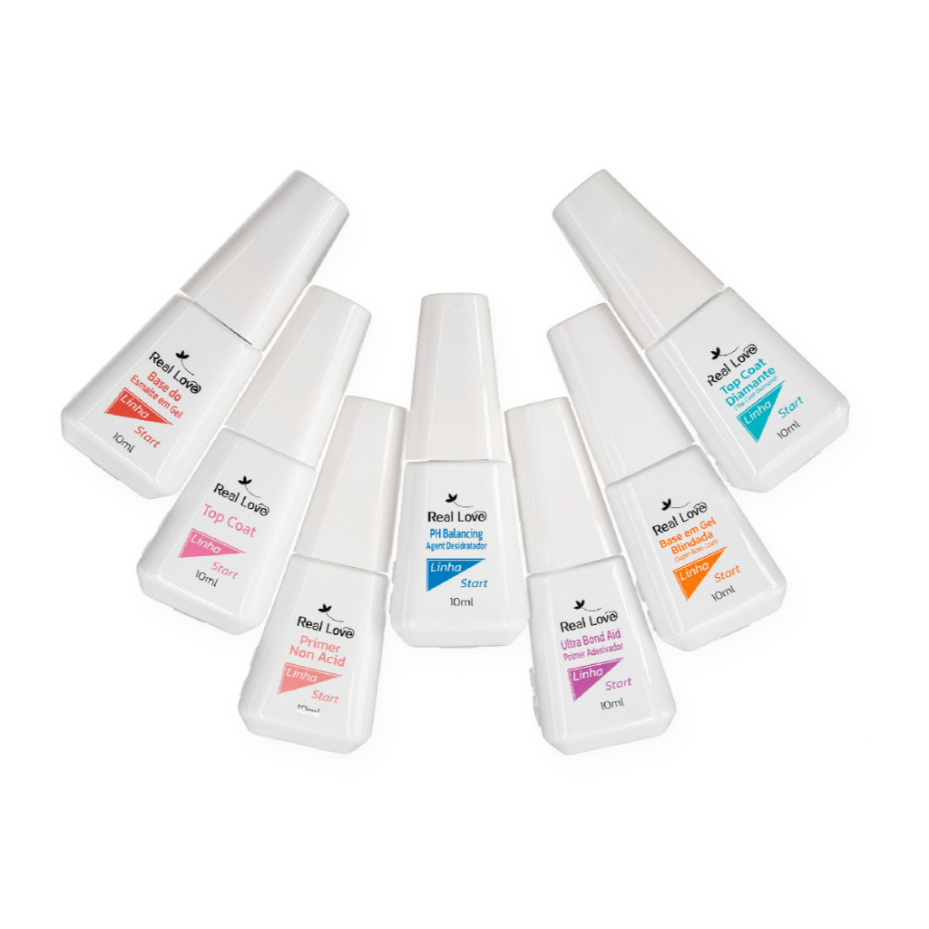 Kit 7 Preparadores Unha gel Itens 10ml Real Love Linha Start PH Primer Base Top Coat Profissional