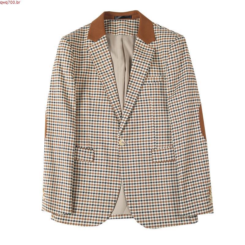 Outono Inverno Coreano Houndstooth Blazer Jaquetas Moda Cor Combinando Lapela Design Casual Masculino Xadrez Terno Casac