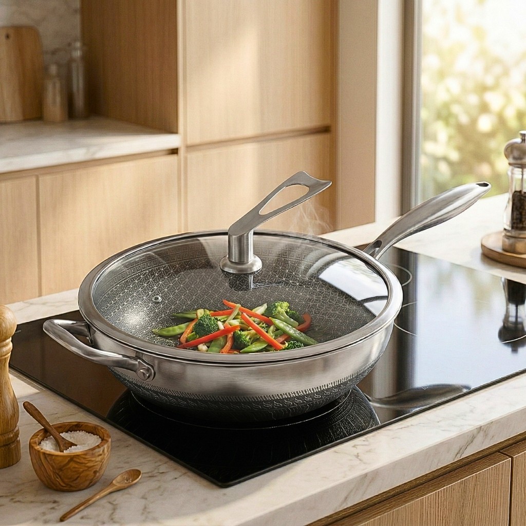 Imagem Frigideira Antiaderente Com Tampa Grande Wok 30 cm Frigideira Inox Funda Profissional Cozzi