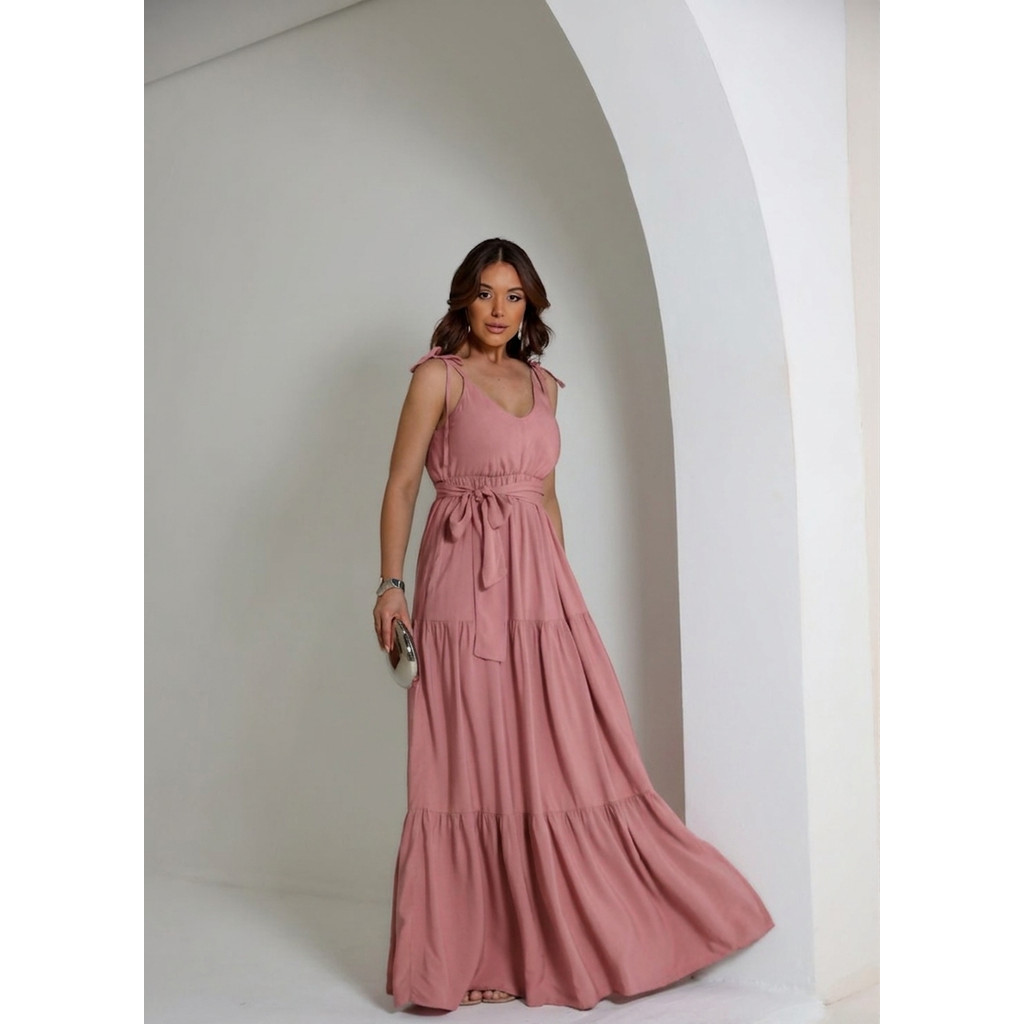Vestido Longo Gestante em Viscolinho com Alças e Elástico Moda Evangélica Elegante para Casamentos e Festas