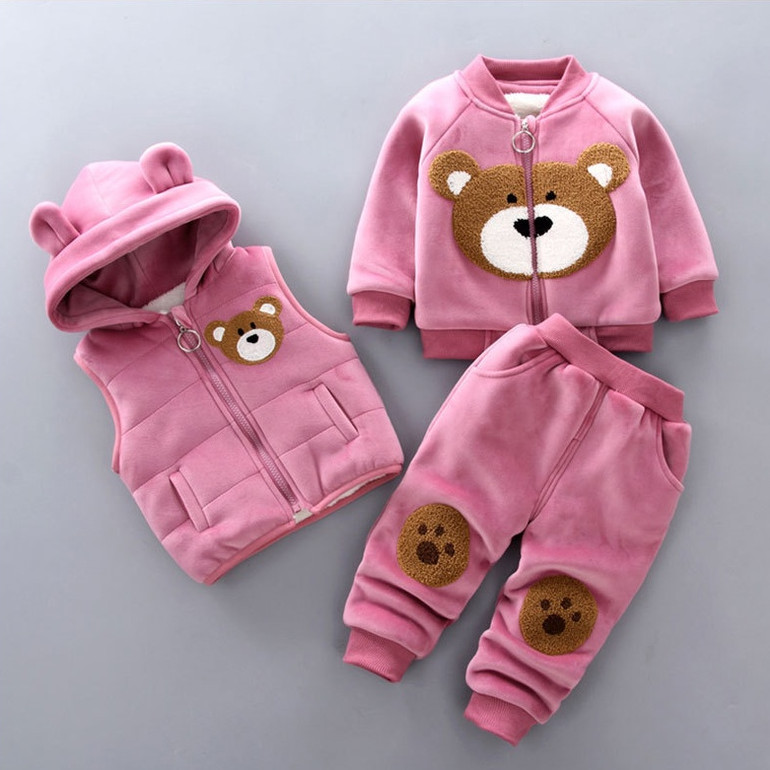 Meninos do bebê urso desenho animado colete quente+casaco+calças ternos 3pcs meninas roupas de inverno1-4 anos