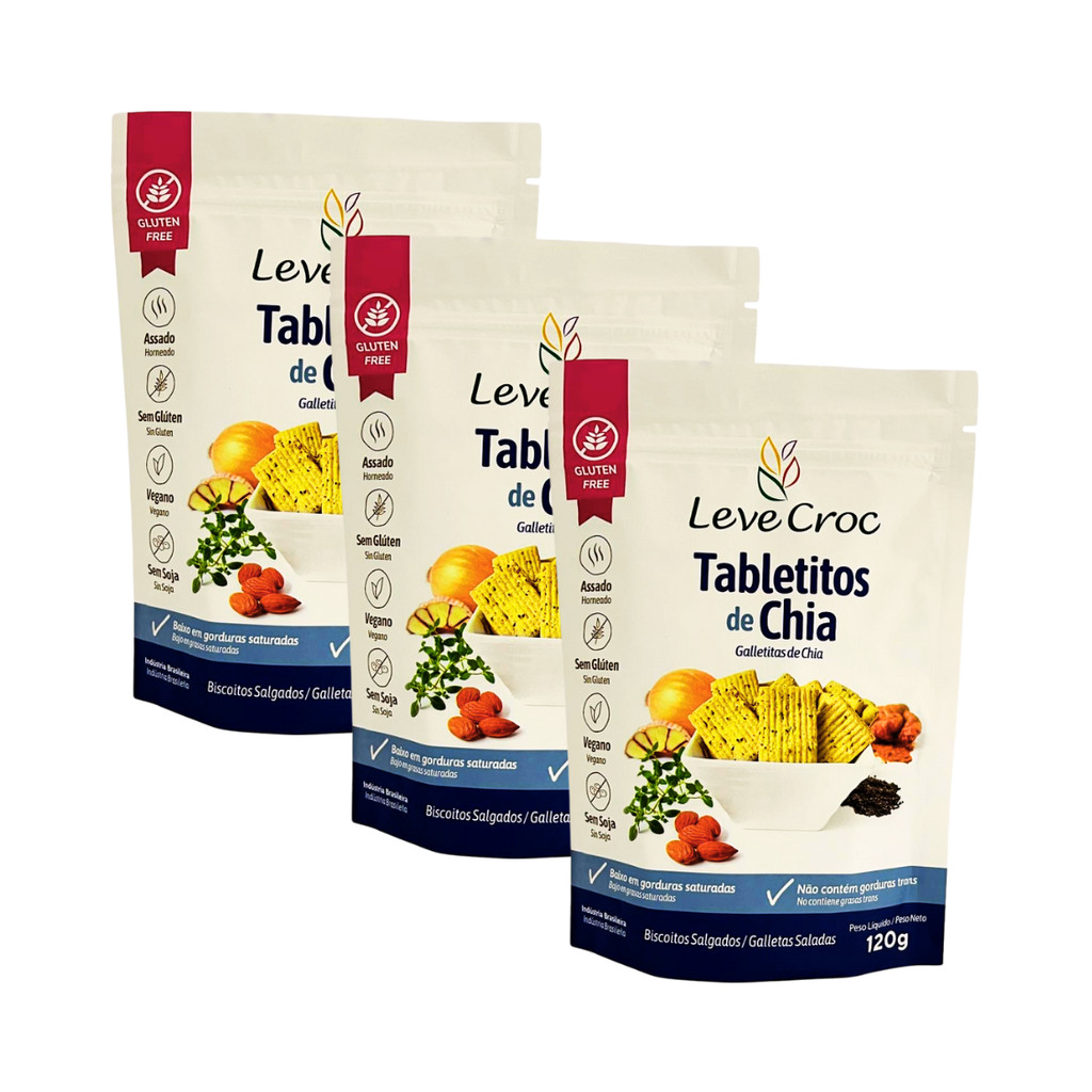 Kit 3 Biscoito Salgado Sem Glúten Tabletitos Chia de 120g cada - Leve Croc