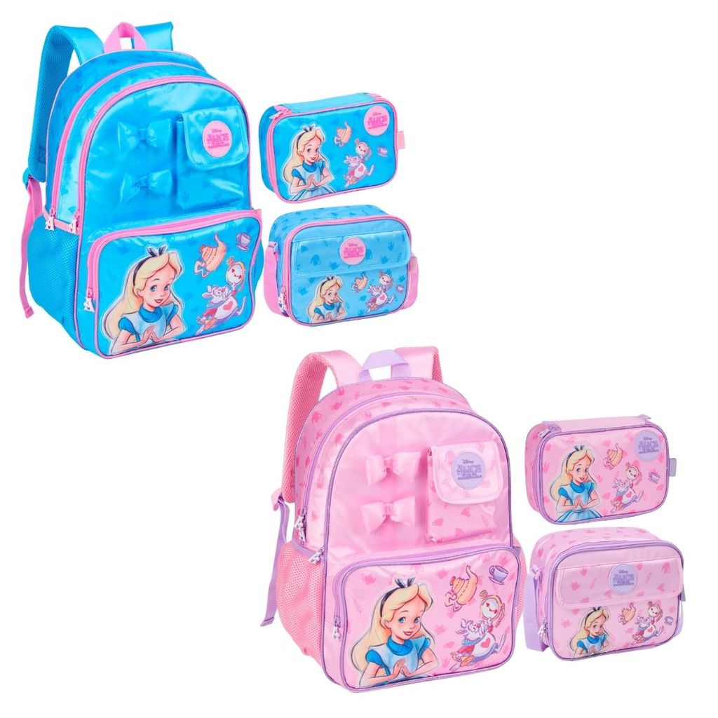 Kit Mochila Costas Lancheira Estojo Alice Infantil
