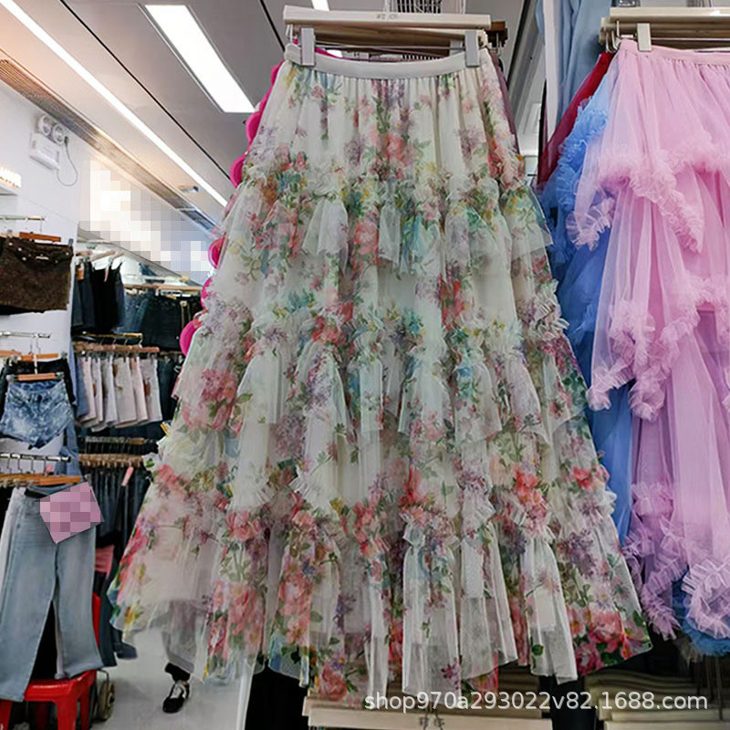 Saia De Tule Bordada Floral Pesado Fairycore Plus Size – Feminina De Cintura Alta Evasê Midi Volumoso Em Camadas Com Bai