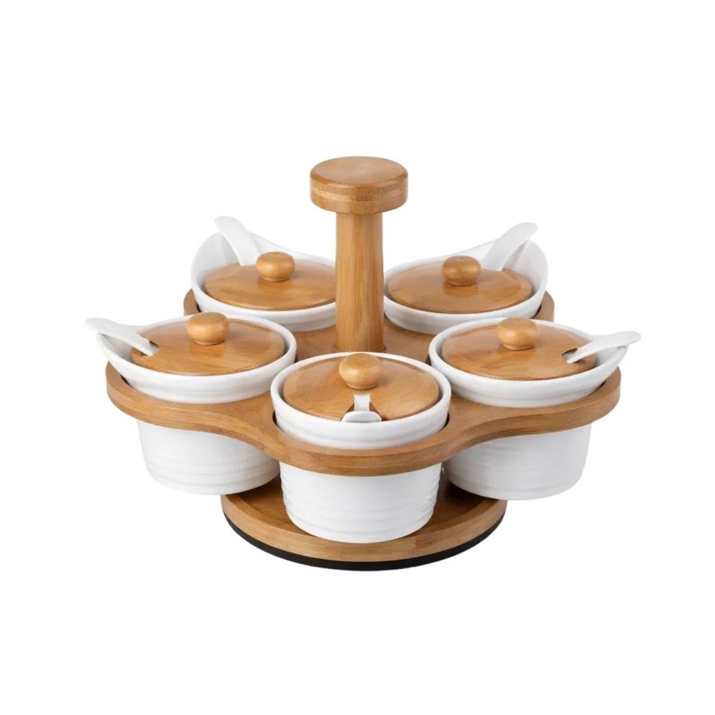 Porta Condimentos 5 Potes 100ml Giratório Cerâmica Tampa Bambu