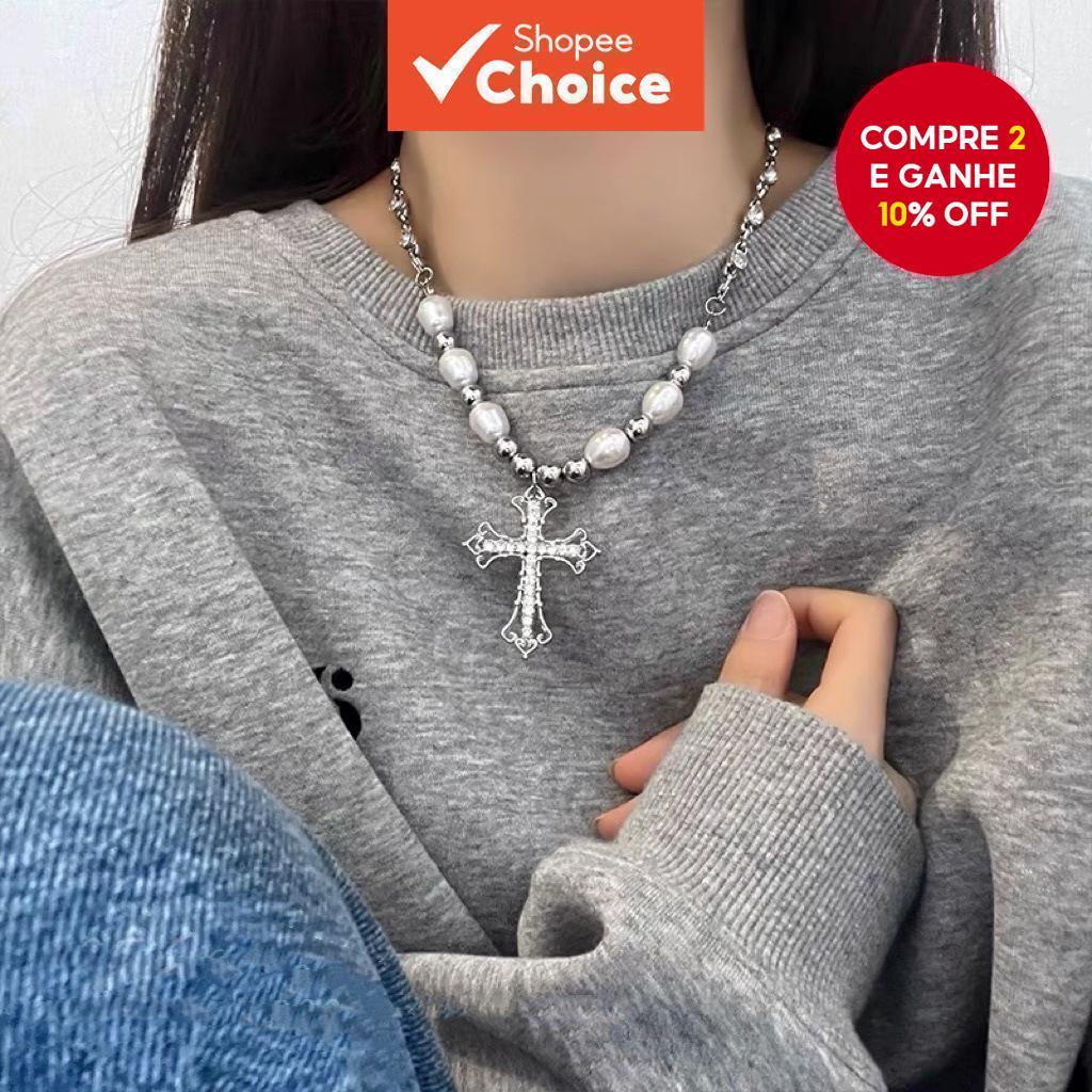 Niche Crow Heart Cross Pearl Necklace para influenciadores hip hop em Oferta na Shopee