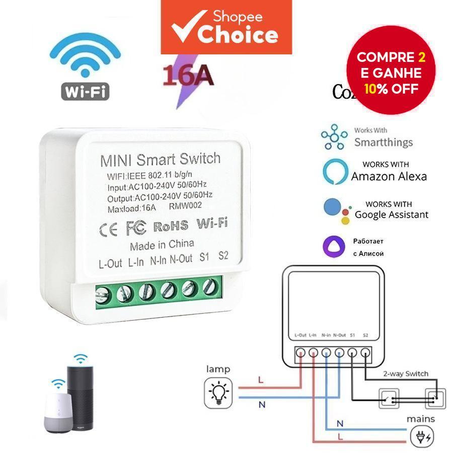 Módulo de Interruptor WiFi Inteligente 16A com Relé, Disjuntor 2 vias, Controle Remoto por APP AC100-240V Compatível com