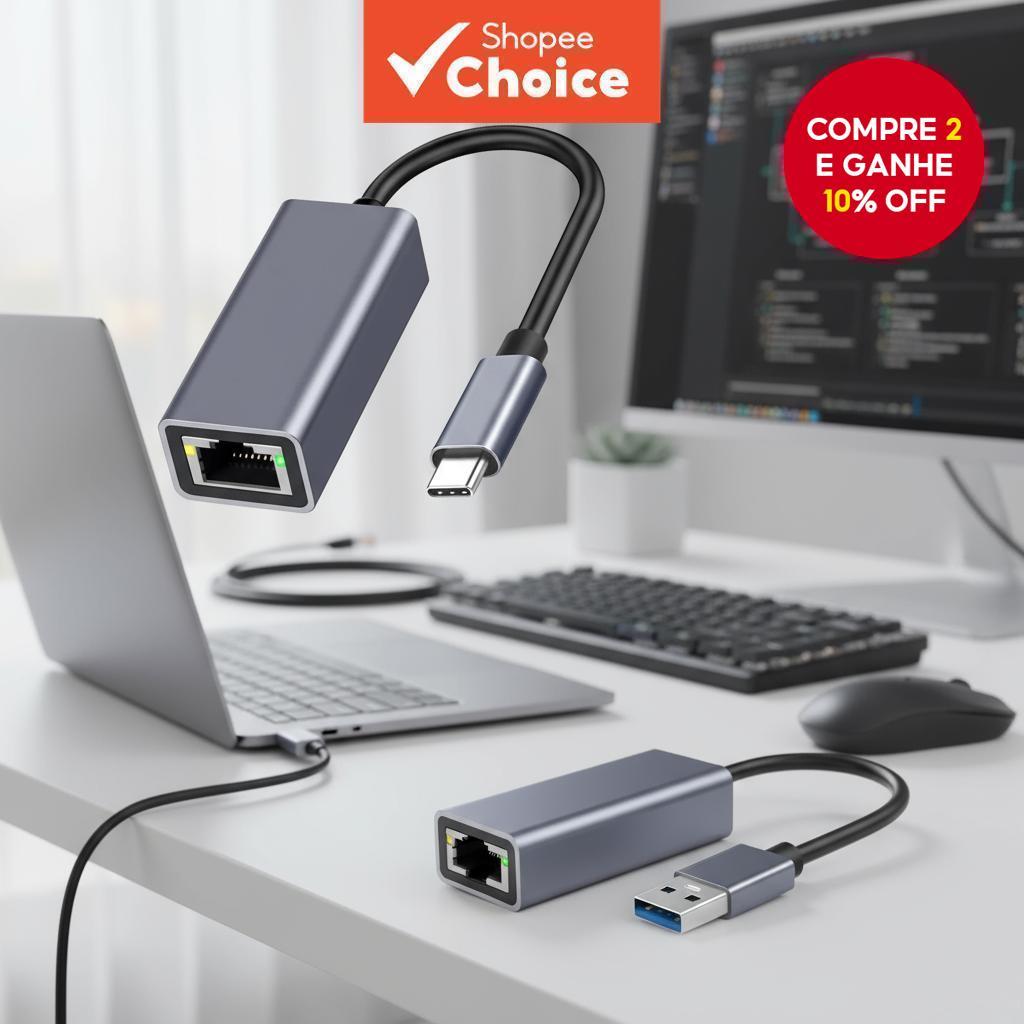 Conversor USB para Ethernet, USB 3.0, Tipo C, 1000Mbps, Cabo de Rede RJ45 para MacBook, PC, Windows