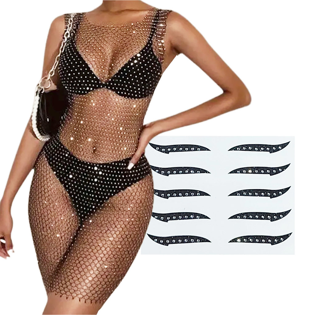 Kit Brilho Vestido Rede Telinha Sobreposição Pontos Strass + Delineador Adesivo Gatinho Festa Balada Carnaval 36/42